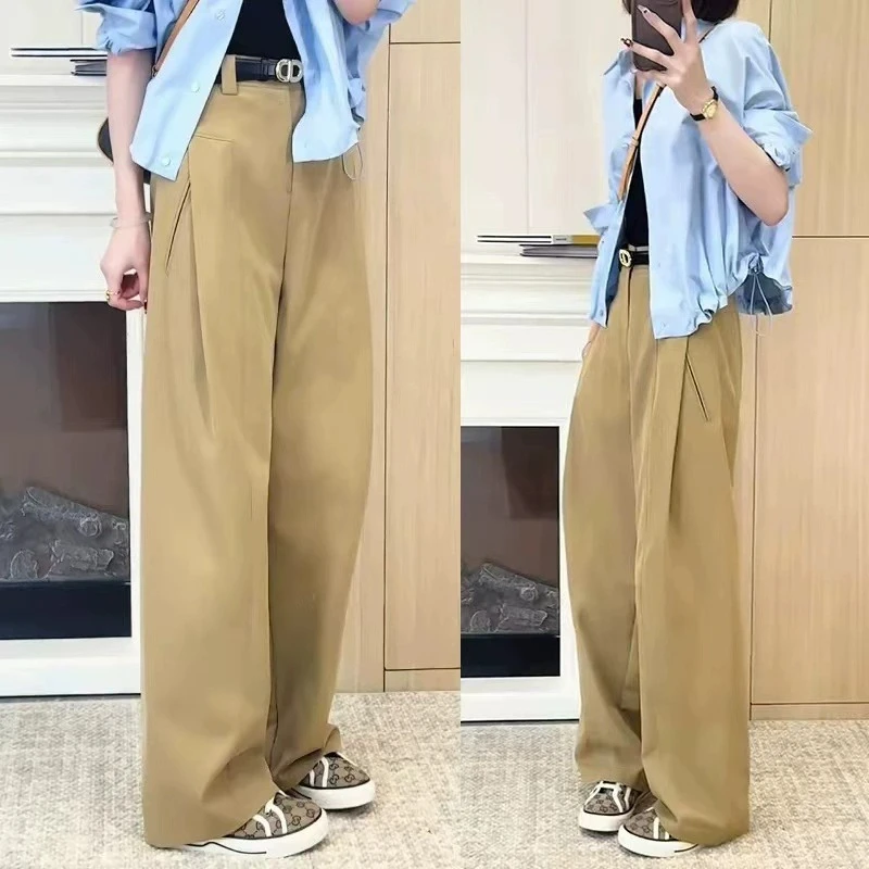 卡其色西装阔腿裤子女2025春秋新款高腰宽松休闲弯刀裤直筒香蕉裤