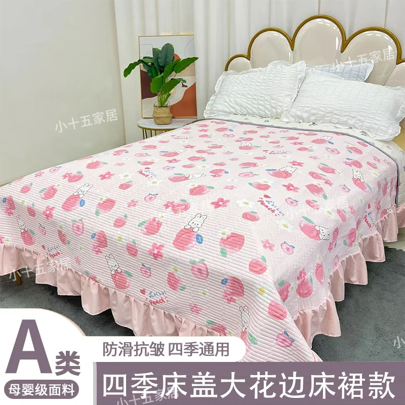 床盖夹棉榻榻米法式花边防滑三件套床单四季床垫加厚三层床单褥子