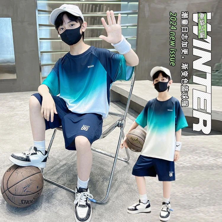 男童速干套装2025中大童夏季新款儿童渐变两件套短袖夏装球服t恤