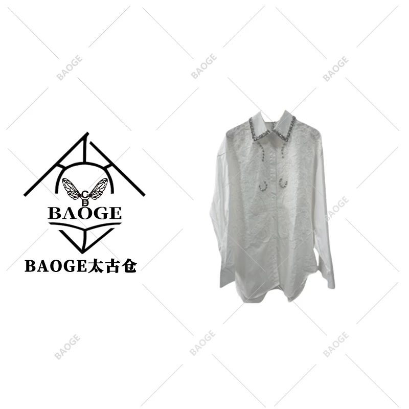 【BAOGE太古仓】小众设计感蕾丝拼接新款翻领长袖衬衫CS5002