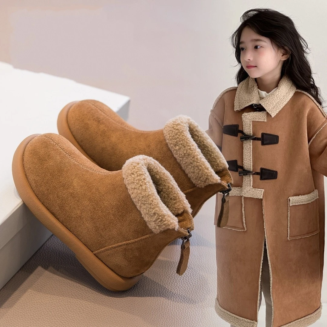 ABC女童短靴加绒马丁靴2025秋冬新款百搭平底棉鞋儿童保暖雪地靴