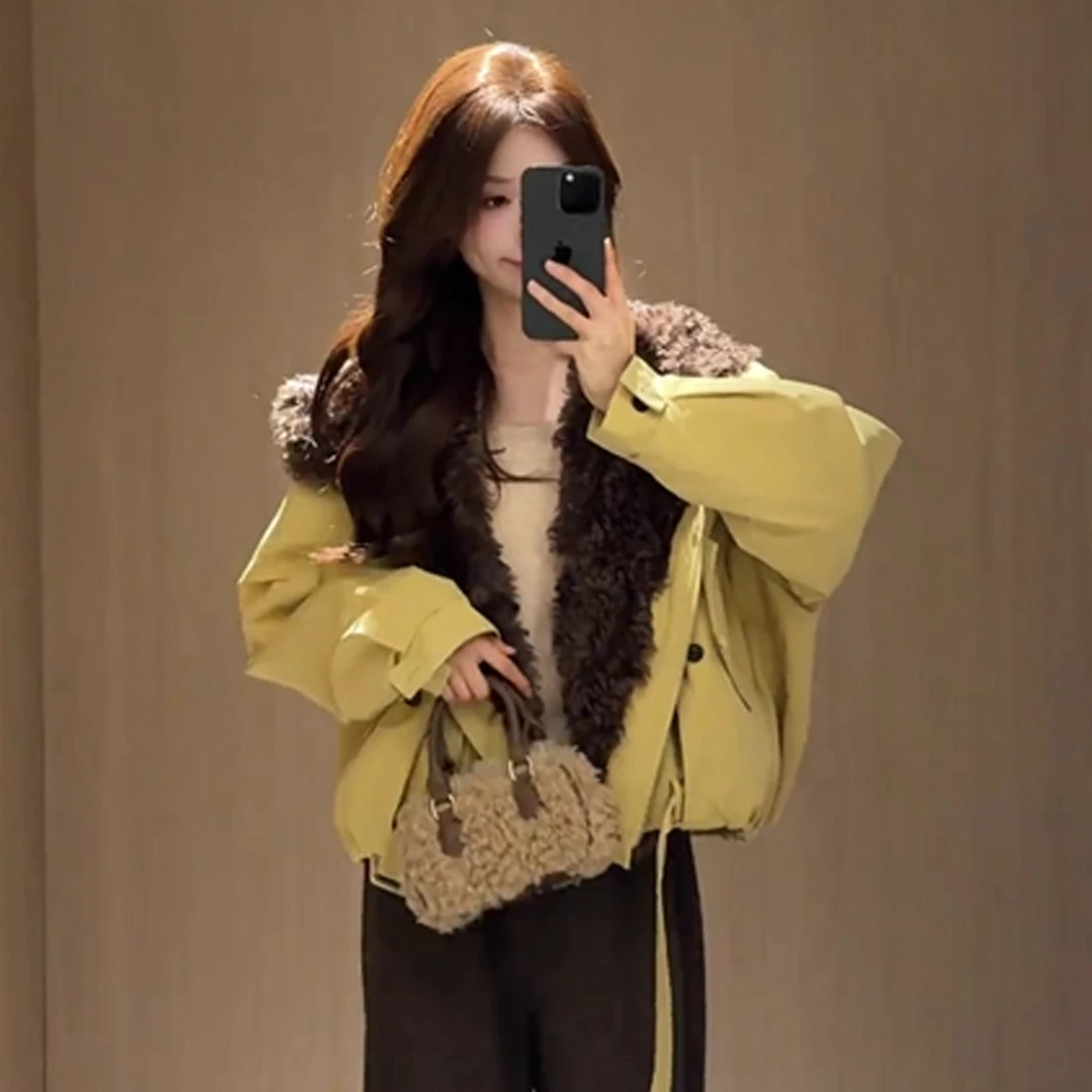 韩系短款派克棉服女加厚毛毛外套2025冬季新款休闲宽松棉衣外套潮