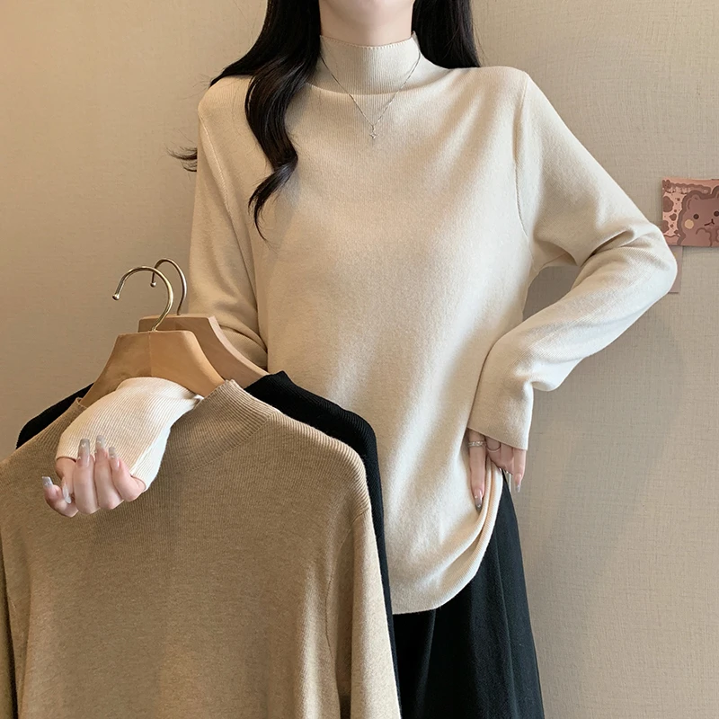 3403大码女装2024秋装新款时尚褶皱针织衫女胖MM半高领毛衣打底衫