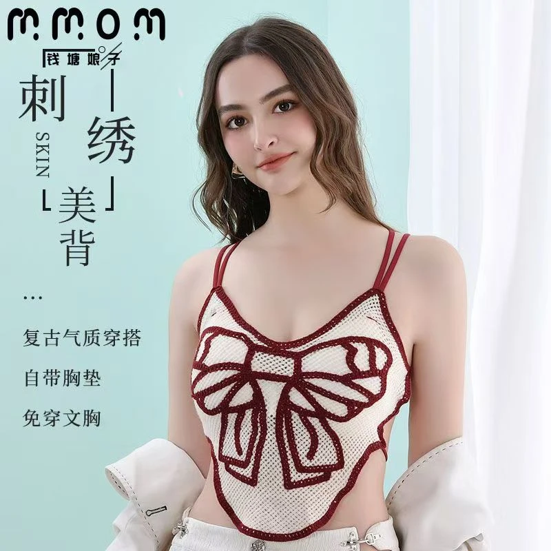 纯欲风修身型美背吊带女复古带胸垫运动背心细肩带蝴蝶结设计夏季