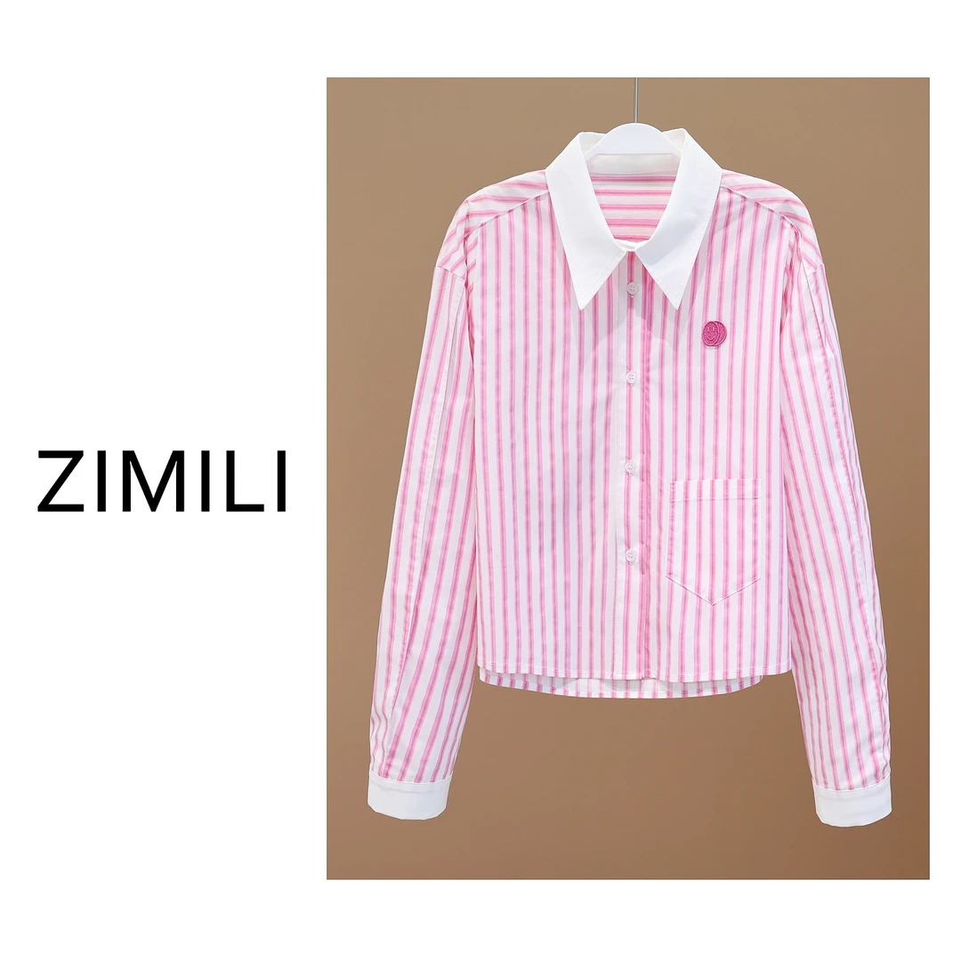 【子秋定制】2025设计师人间事气质粉白竖条纹小众长袖衬衫//2964