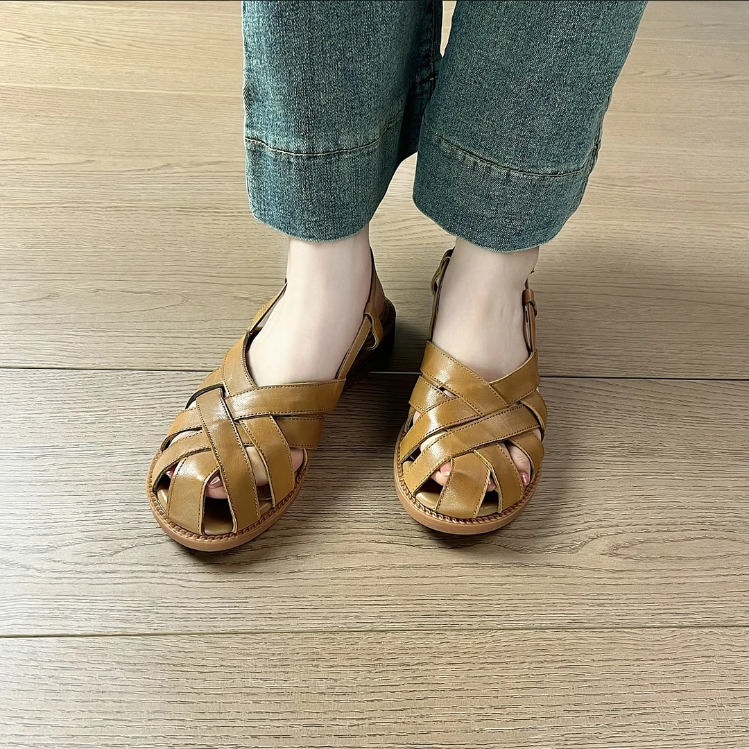 法式复古镂空包头凉鞋女夏季新款真皮编织罗马软底不累脚猪笼鞋