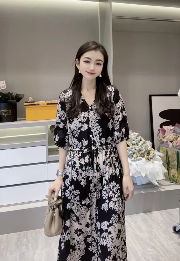 【拼色碎花】CHUN家气质轻奢时尚夏季设计师桑蚕丝弹力缎连衣裙