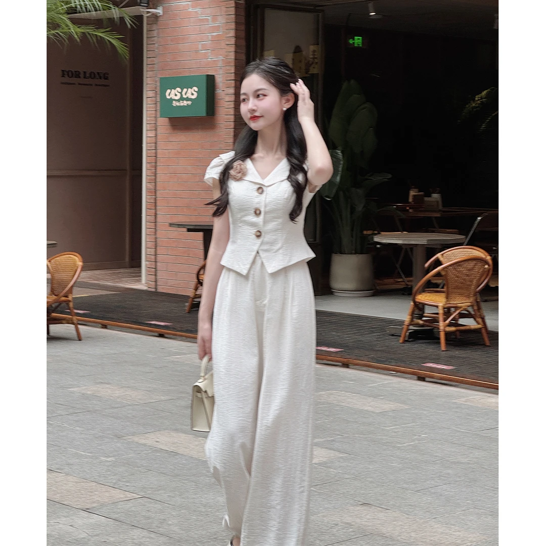 【雨后巴黎】小娜椒小个子通勤时尚海军领收腰显高上衣阔腿裤套装女