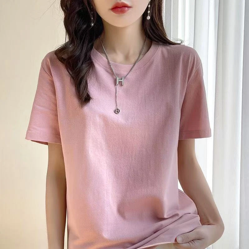 100%纯棉高端宽松圆领短袖纯色女款正肩T恤全棉体恤上衣纯色百搭