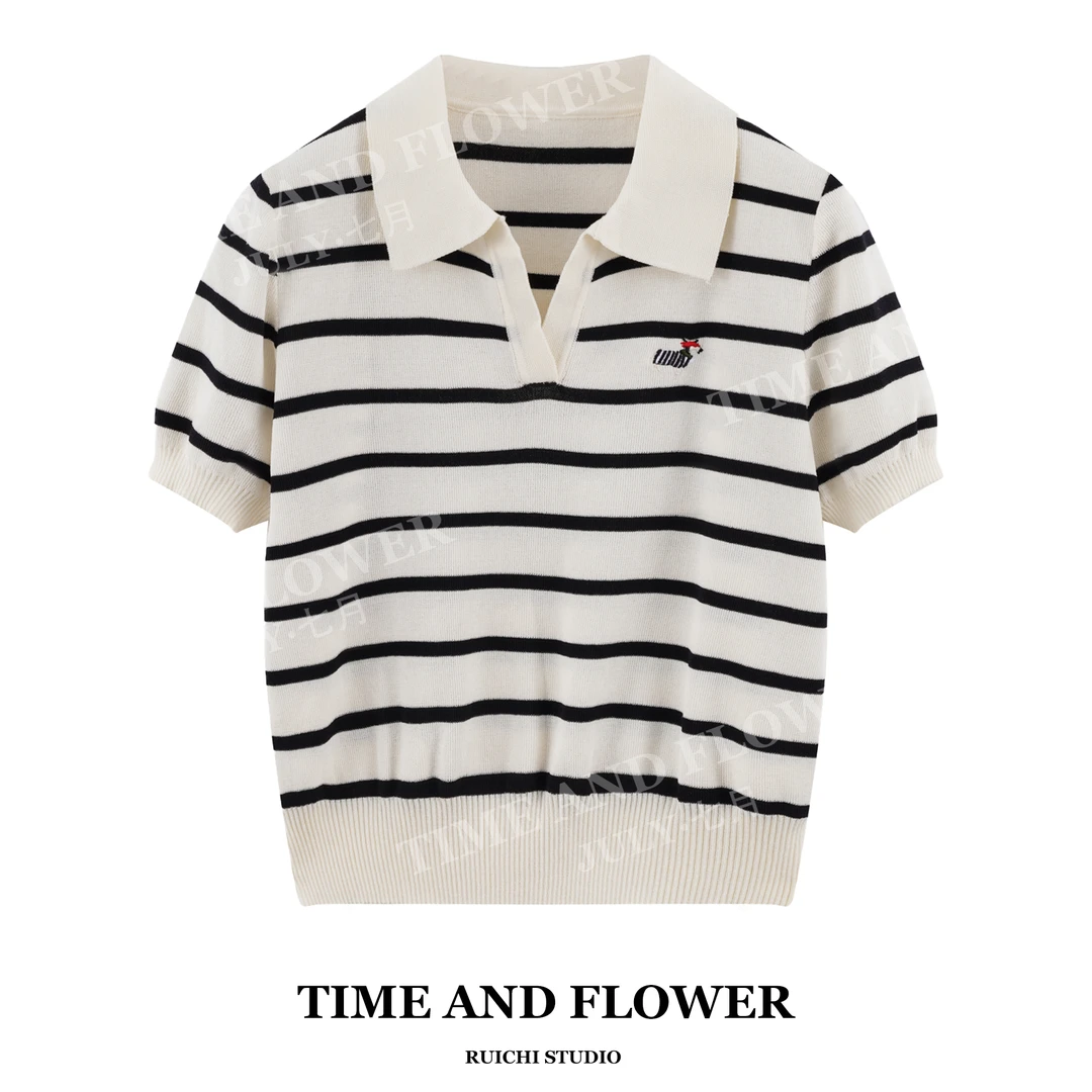 2025夏季韩版撞色POLO领翻领小狗刺绣高级感洋气简约针织短袖