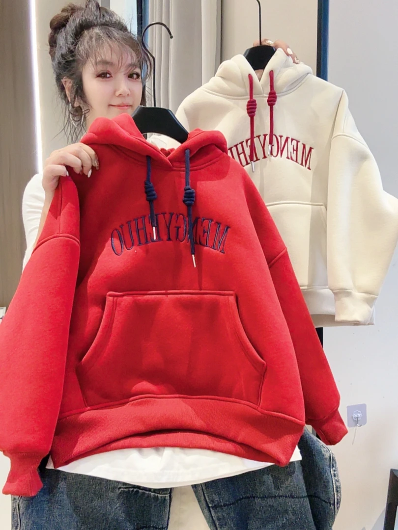 加厚羔羔绒亲子款上衣冬季男女童儿童卫衣时尚宽松刺绣韩版HB62