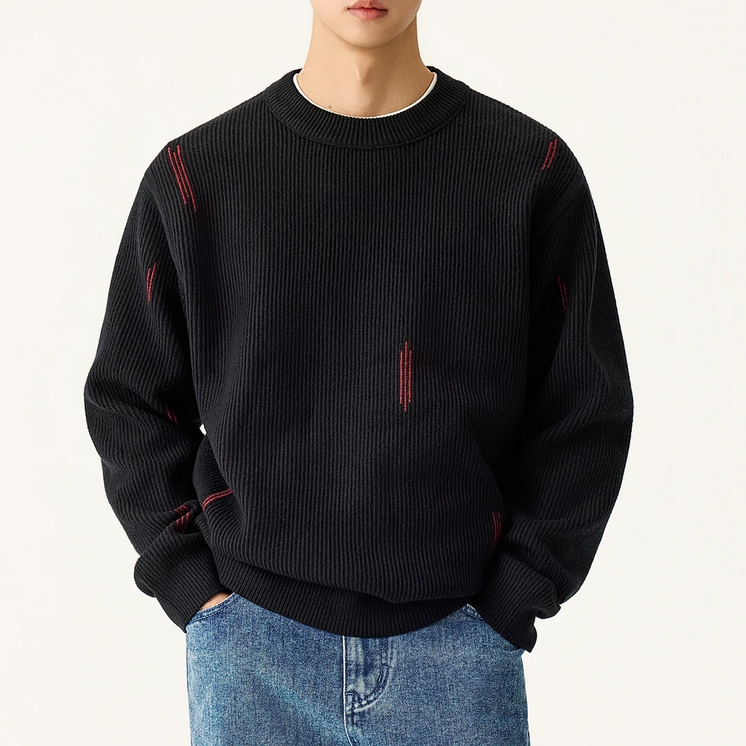 大码复古撞色挑纱安可拉弘圆领套头毛衣男秋冬宽松圆领保暖针织衫