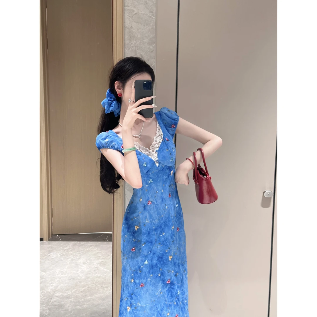 【雅乔定制】卡普里蓝调 蓝色雪纺绣花连衣裙DYLL-25046747