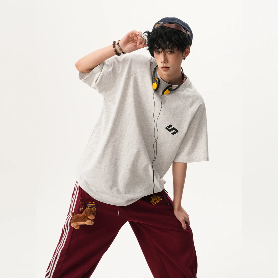 【哇啦赛】美式纯棉刺绣字母印花宽松简约五分袖情侣短袖半袖潮款