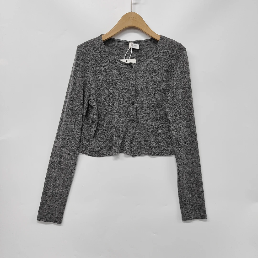 早秋新款深灰色圆领单排扣纯色显瘦针织开衫女25102