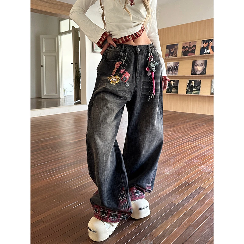 Sixmin微弹水洗无弹直筒设计感阔腿裤印花纽扣破洞时尚牛仔裤美式