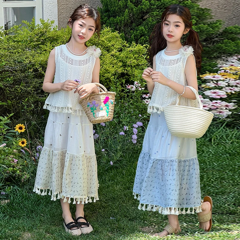 女童夏季套装2025新款中大童6-12岁15岁波西米亚风吊带连衣裙套装