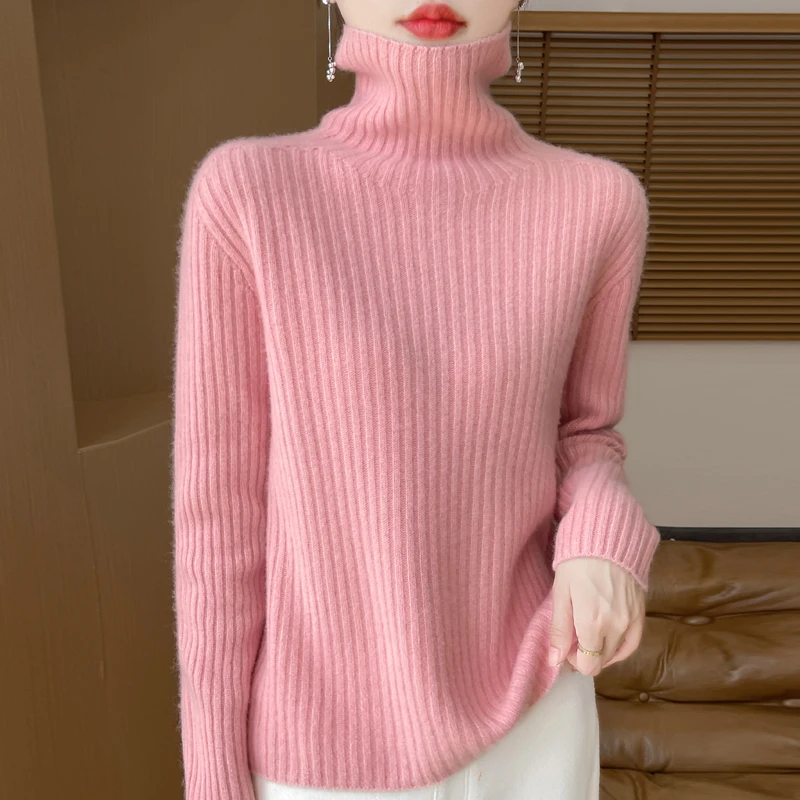 鄂尔多斯市100%纯羊毛加厚高领坑条毛衣秋冬纯色百搭宽松打底毛衫