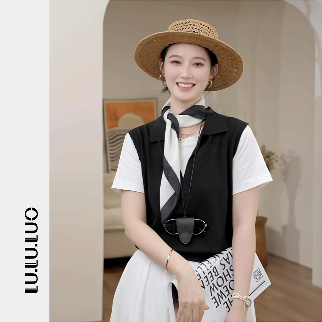 【罗罗罗专属100%天丝】设计感翻领假两件针织衫夏新款宽松Polo领