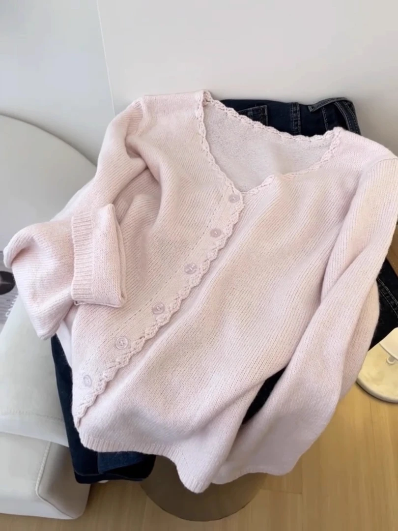 甜美减龄韩系氛围感V领针织衫女秋冬新款洋气独特别致设计感上衣