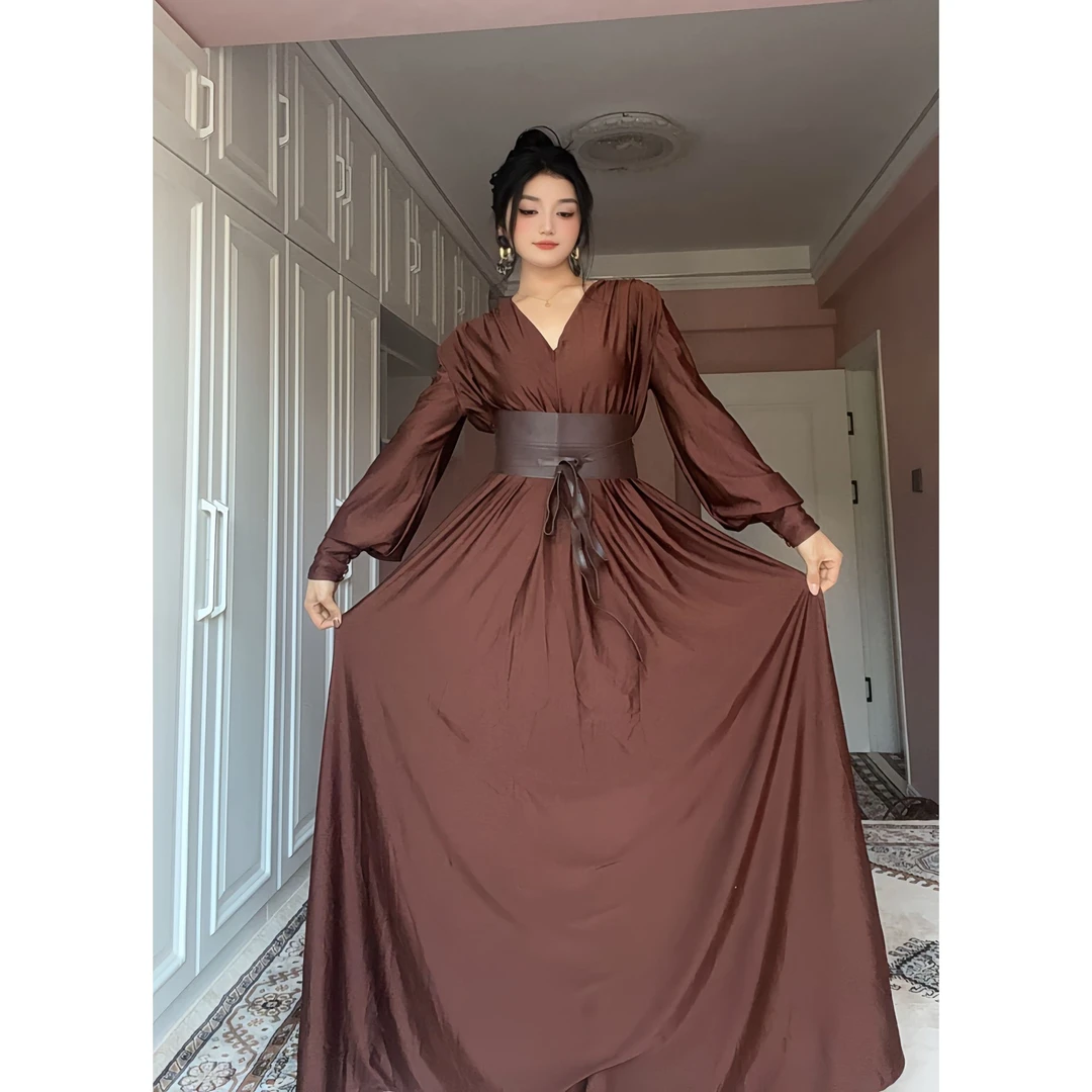 5075【包邮】法式高级简约V领大摆女装连衣裙