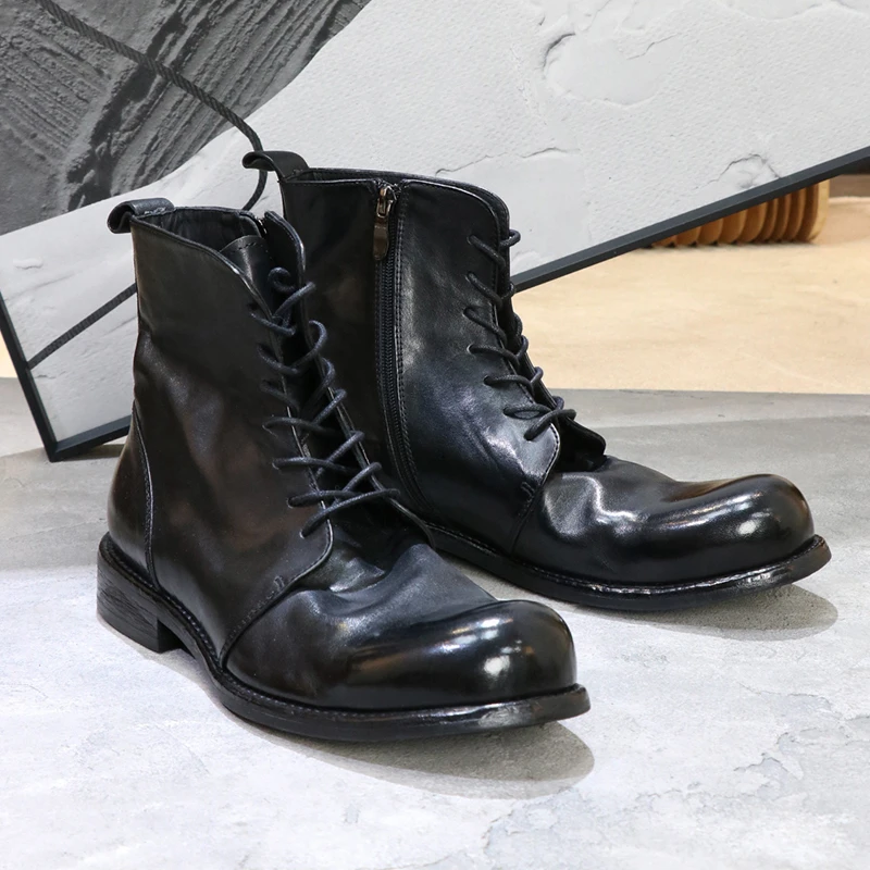 马皮大头拉链马丁靴复古褶皱水洗高帮男士皮靴休闲皮鞋短靴
