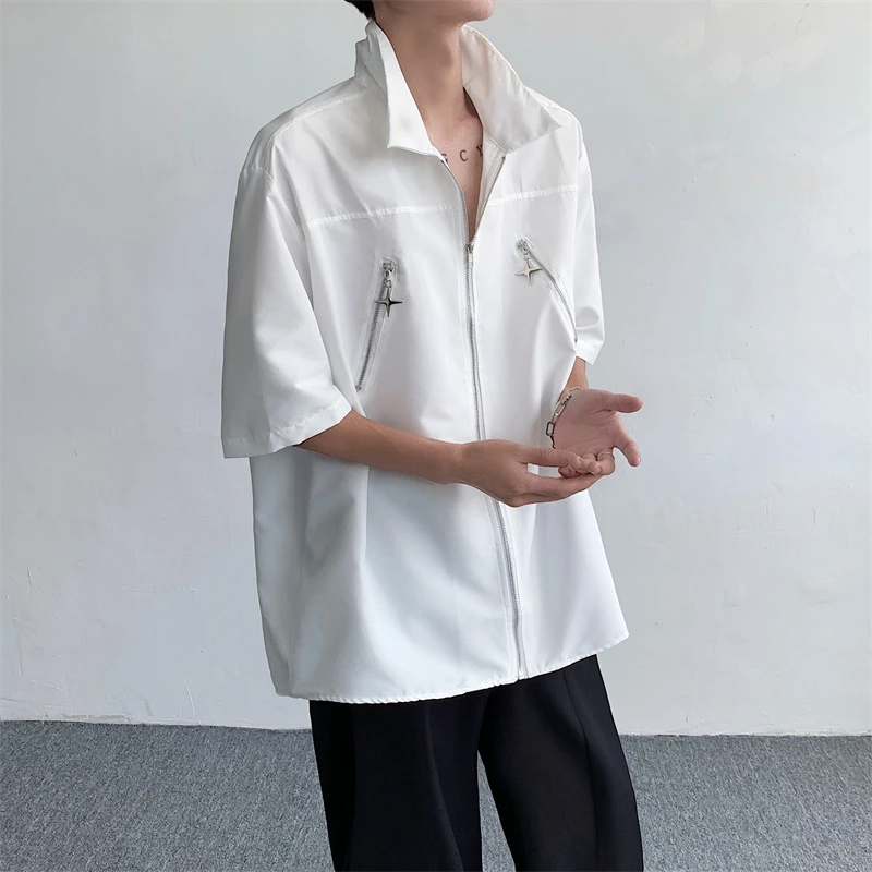 流苏韩版百搭设计感短袖衬衫精致韩风半开领宽松痞帅夏季港风