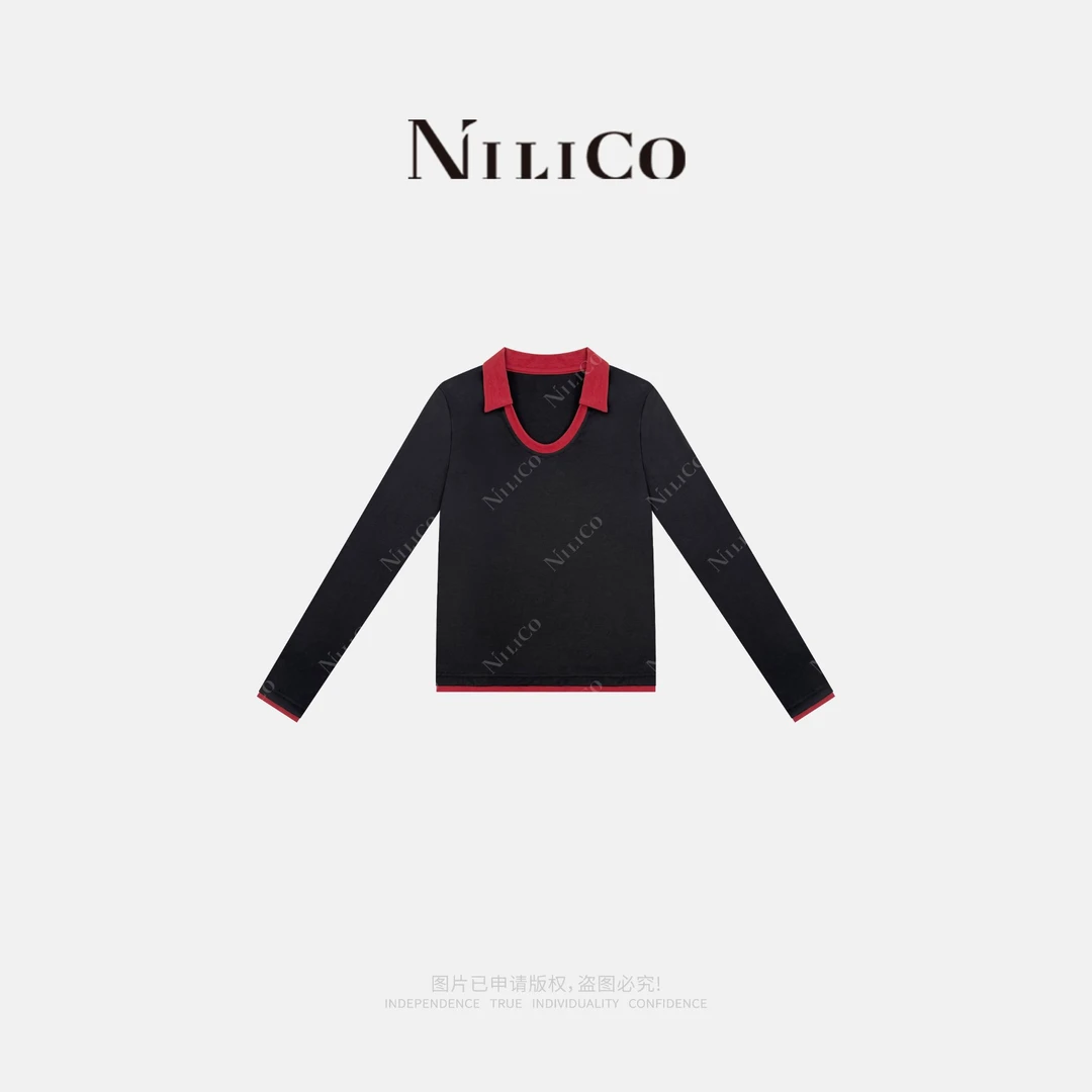 NILICO【倚梅】假两件撞色修身正肩长袖T恤