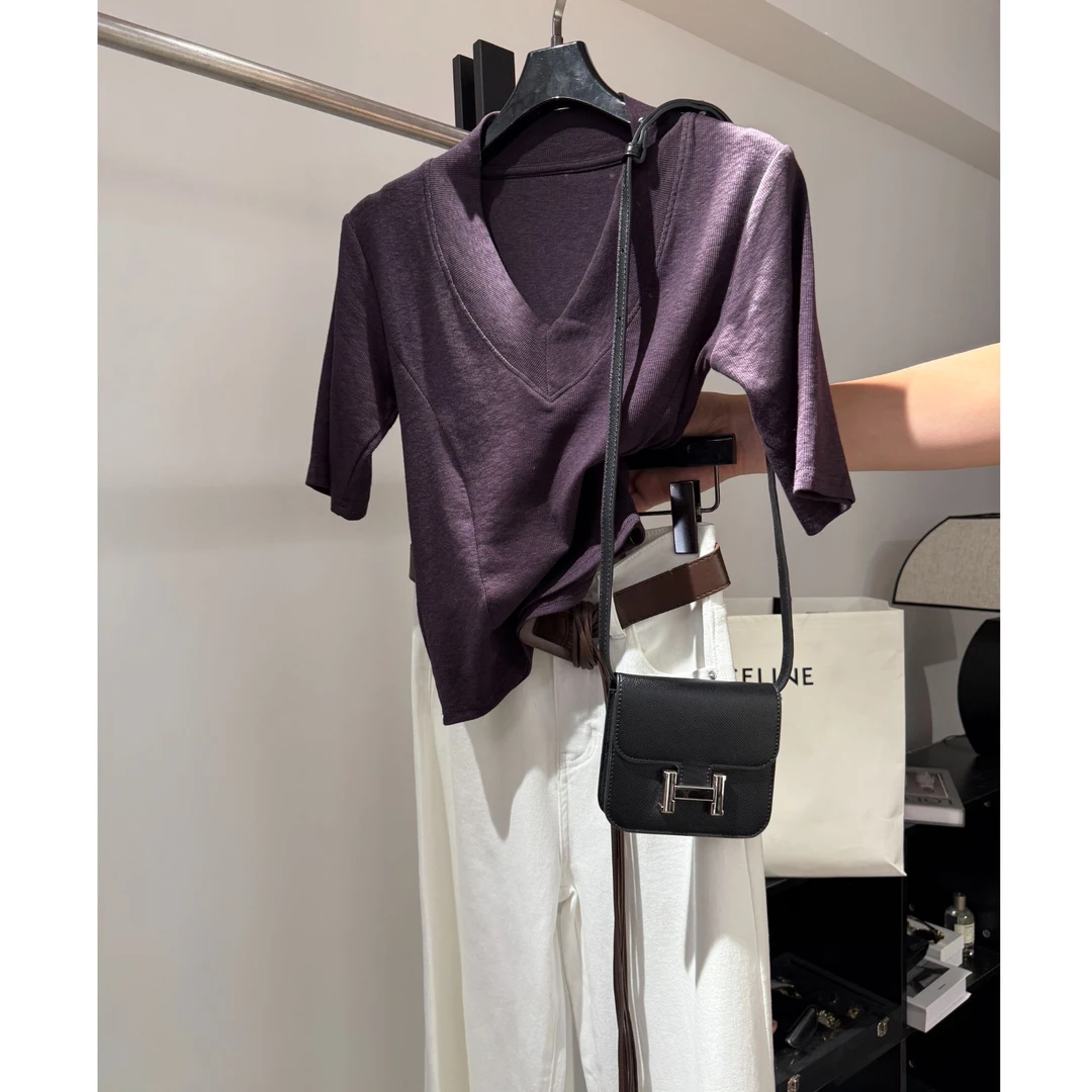 V领通勤风法式常规袖常规款T恤休闲短款纯色辣妹风 SY0116