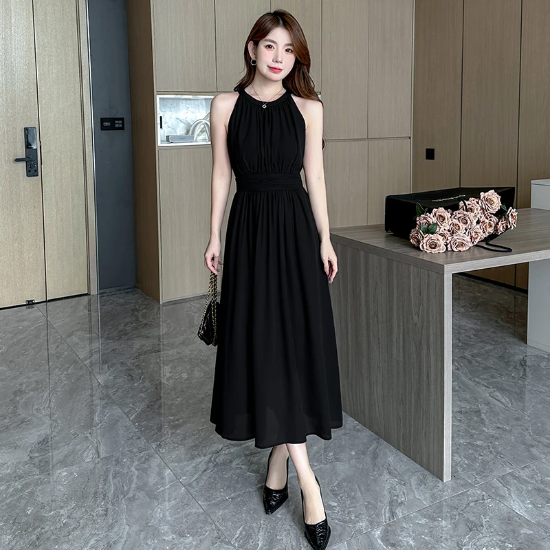 新款黑色雪纺长裙春夏赫本风通勤收腰A字裙无袖挂脖连衣裙