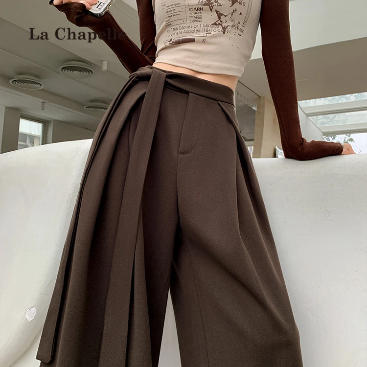 拉夏贝尔西装阔腿裤女秋冬小众绑带设计感高腰显瘦宽松休闲拖地裤