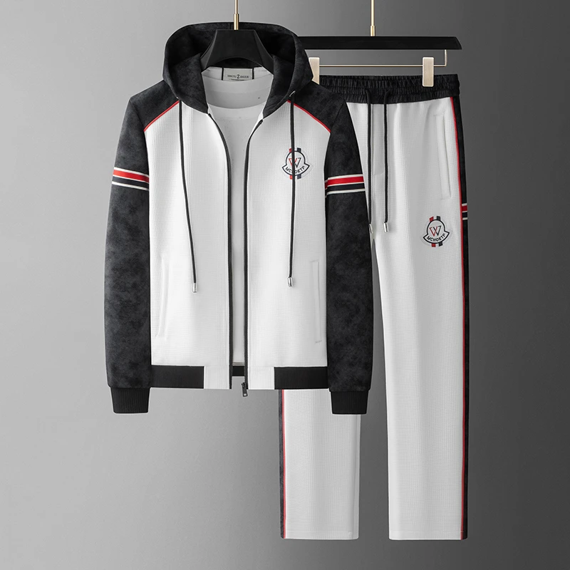 高级感柔软连帽拼接运动外套装男冬季欧货高端卫衣直筒卫裤两件套