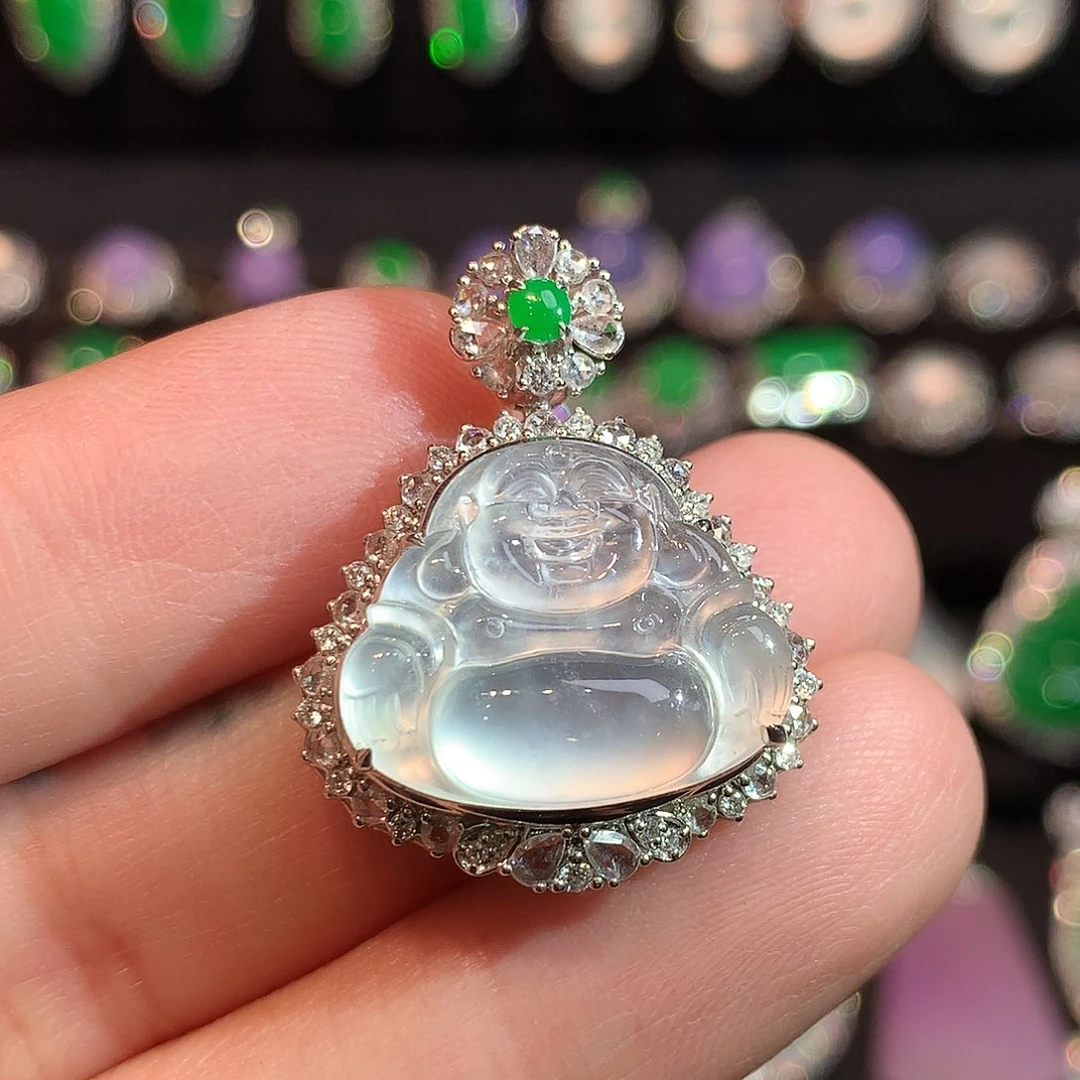 翡翠18K金镶嵌吊坠(赠链)玻璃种起钢佛公吊坠