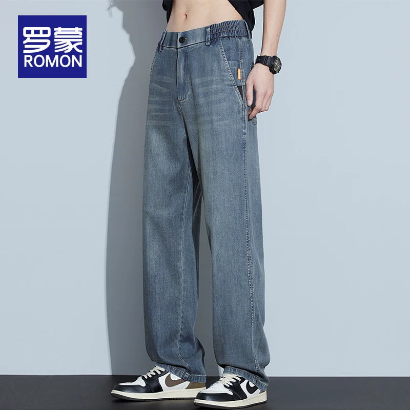 罗蒙夏季天丝牛仔裤男款宽松直筒裤男士秋季潮流百搭阔腿长裤子男