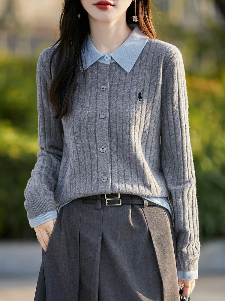 春装新款POIO领纯羊毛开衫假两件套