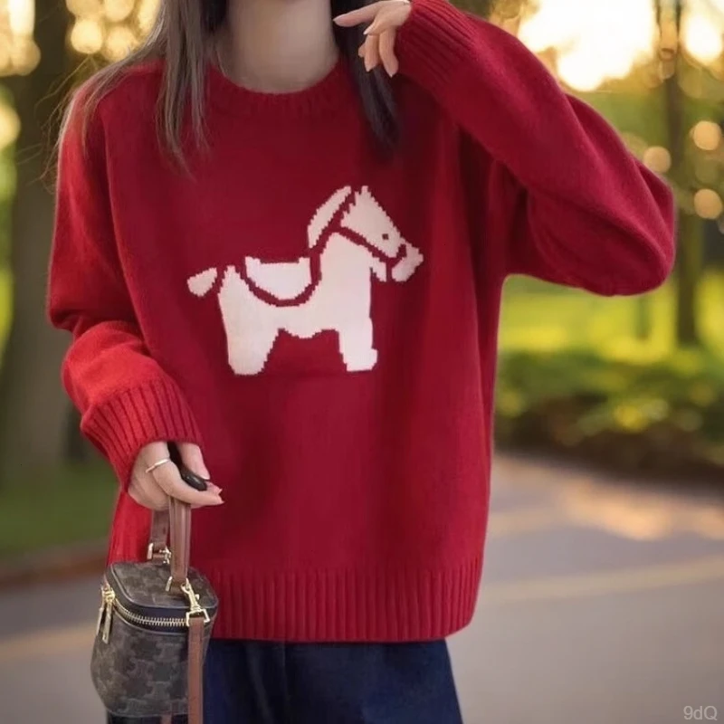 春季卡通小马提花毛衣女2025秋冬新款韩系chic慵懒风百搭针织上衣