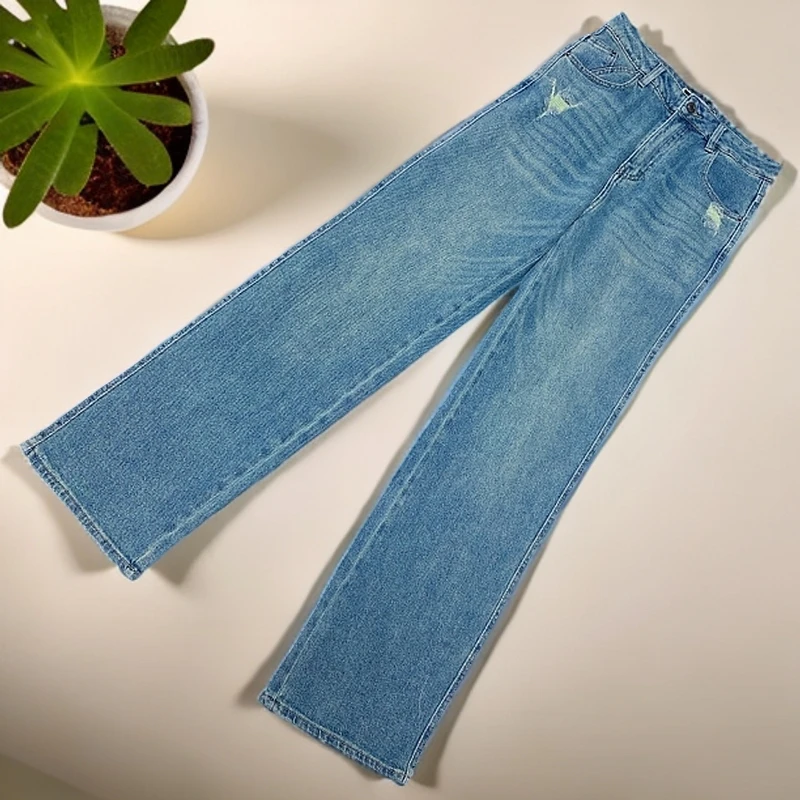 口袋边磨破设计阔腿牛仔裤（长裤）-果梓7816-3