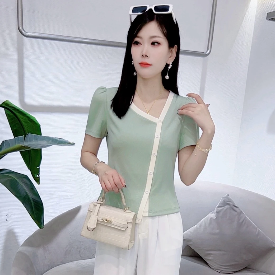 A8577夏季新款短袖T恤女拼色薄款斜领减龄时尚显瘦上衣