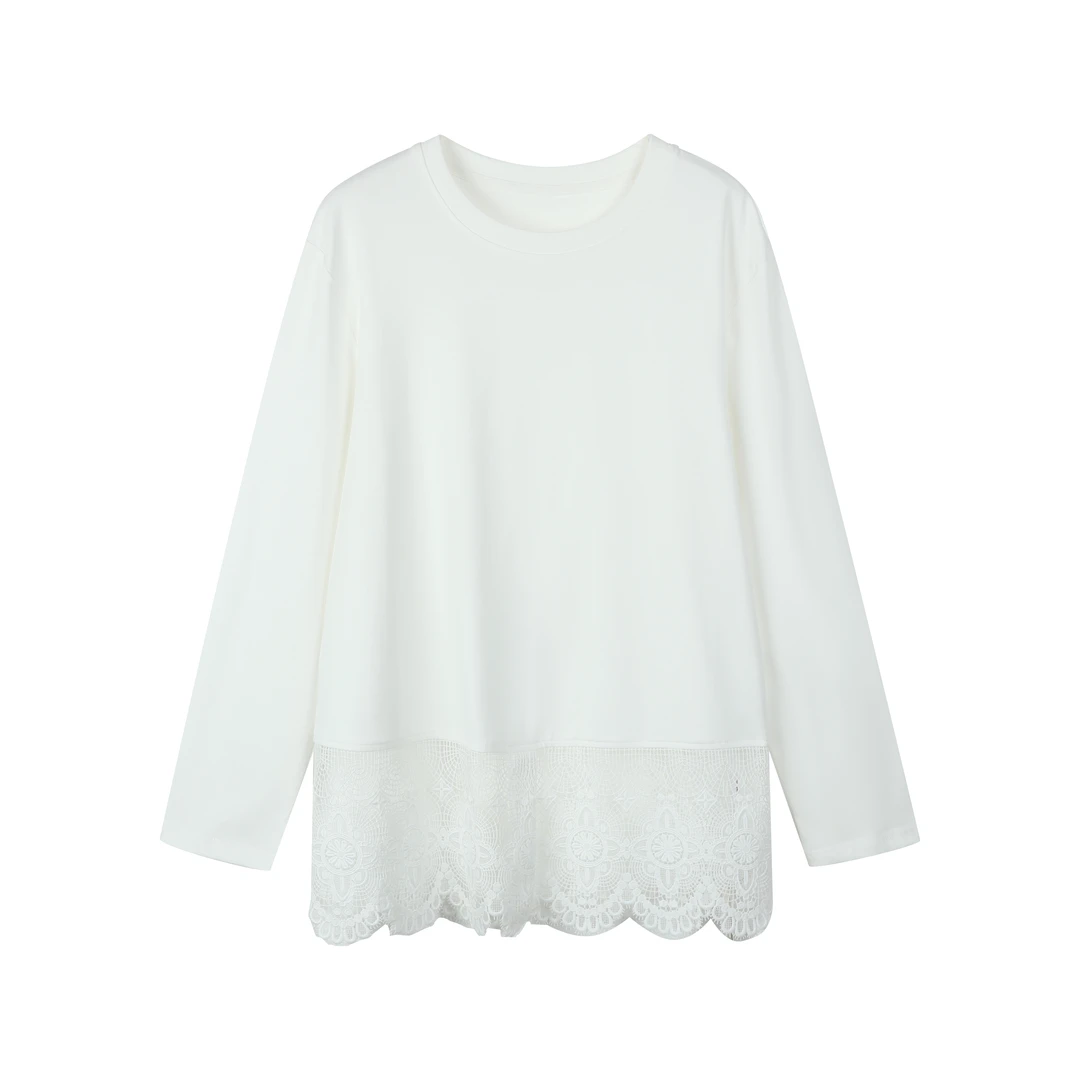 30272【COO订单】白色长袖T恤女拼接蕾丝花边春季新款圆领上衣0075