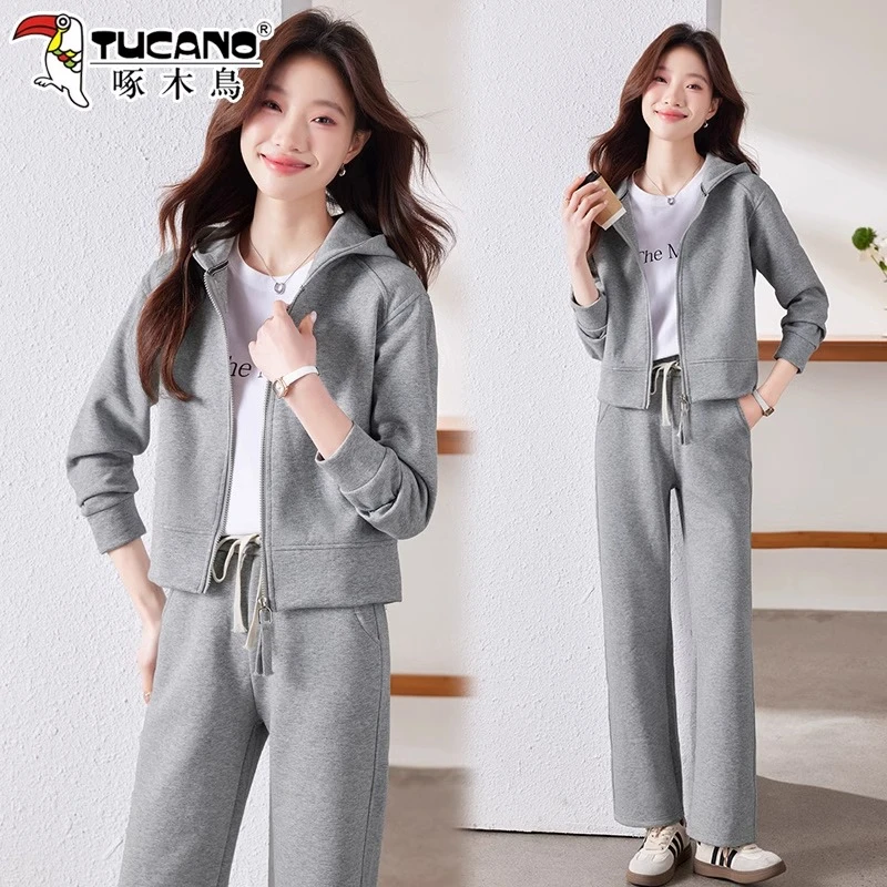 啄木鸟灰色卫衣运动服套装女款小个子2025新款春秋高级连帽两件套