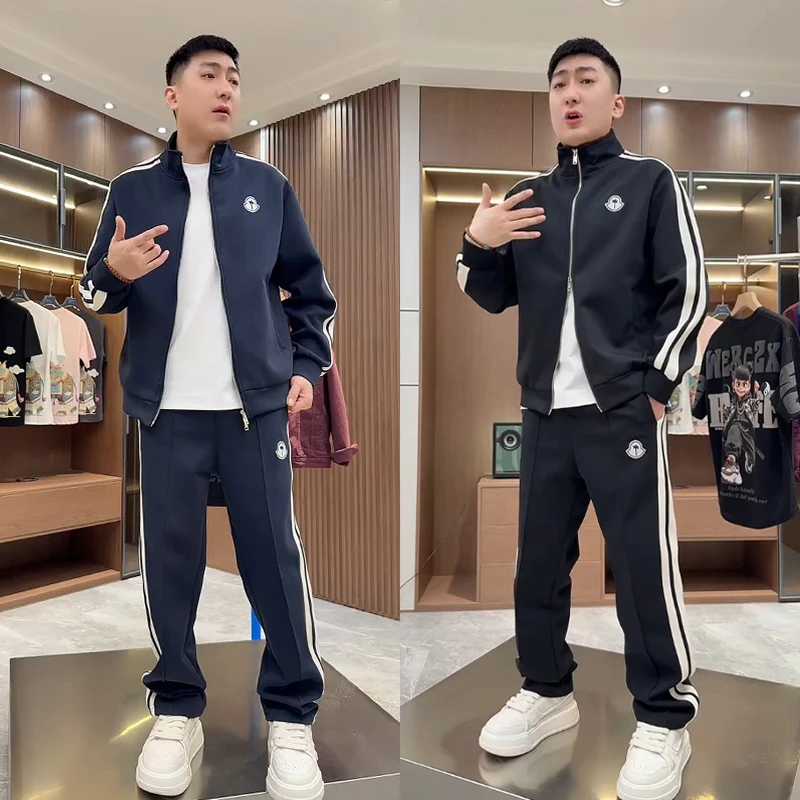 春夏新款时尚织带拼接休闲套装情侣款潮流立领夹克运动长裤两件套