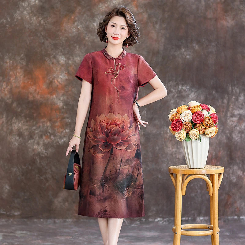 齐黛品牌桑蚕丝香云纱连衣裙2025春夏新款中式复古印花妈妈真丝裙