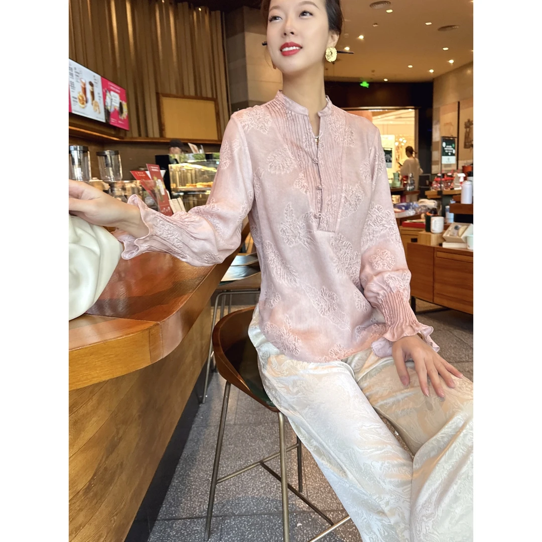 【老罗家】原创真丝衬衫女扎染桑蚕丝提花宽松新中式长袖气质上衣