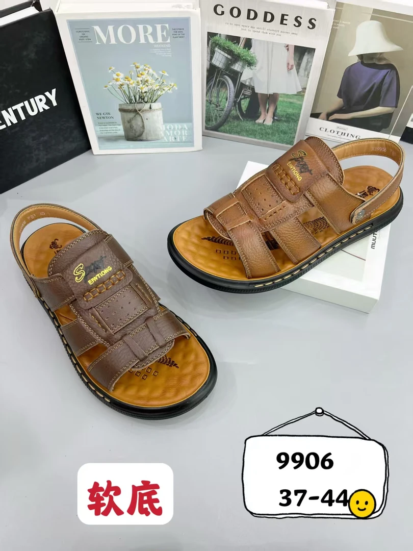 沙滩头层牛皮，橡胶轮胎底，男士凉鞋