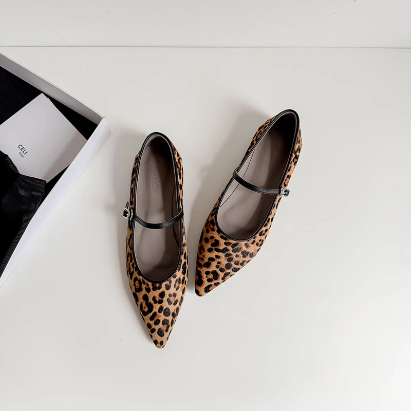 复古马毛豹纹玛丽珍鞋女2025夏季新款百搭一字带平底尖头浅口单鞋