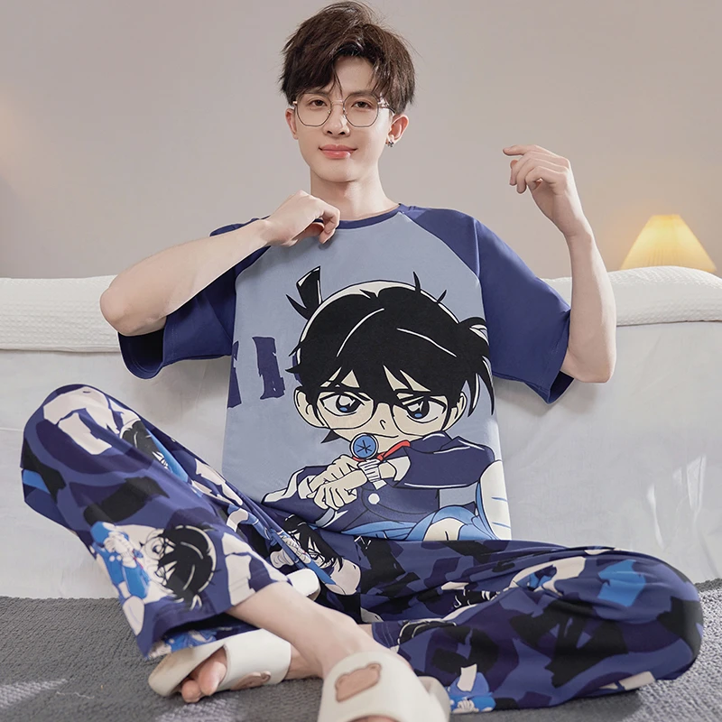 柯南睡衣男夏季短袖长裤纯棉大码青少年中学生大童家居服外穿套装