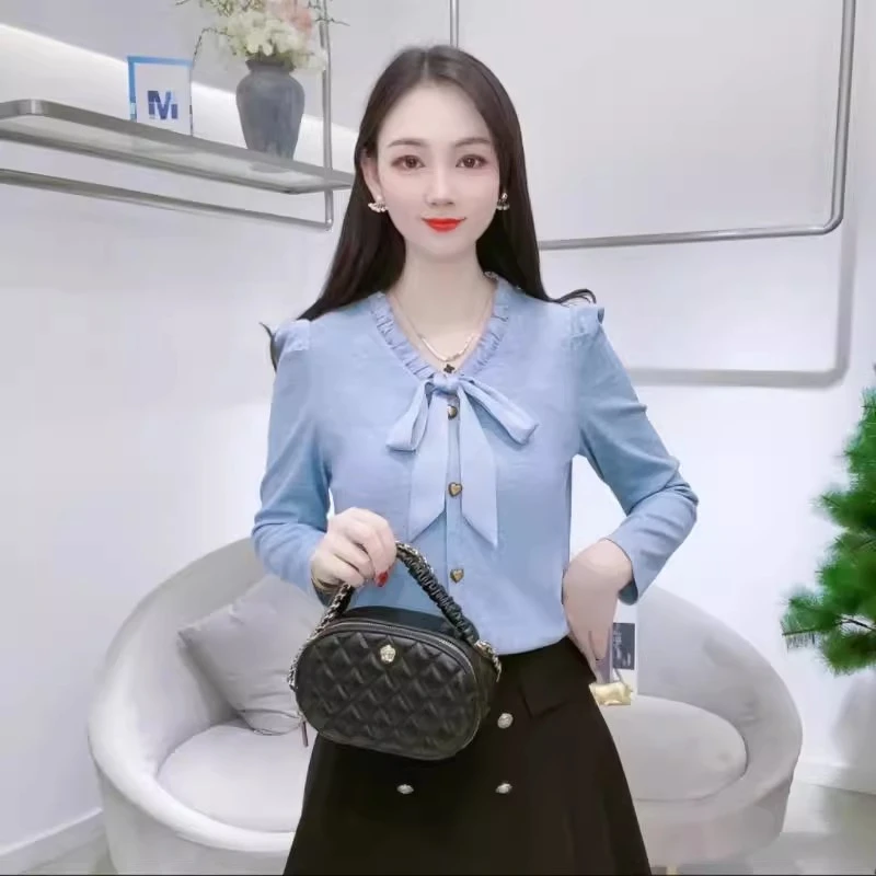 法式时尚T恤女春秋新款洋气V领蝴蝶结小衫气质百搭小个子系带上衣