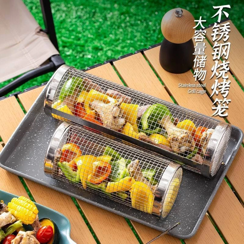 不锈钢烧烤笼便捷式圆筒烧烤网户外烧烤蓝烧烤网烧烤专用工具A001