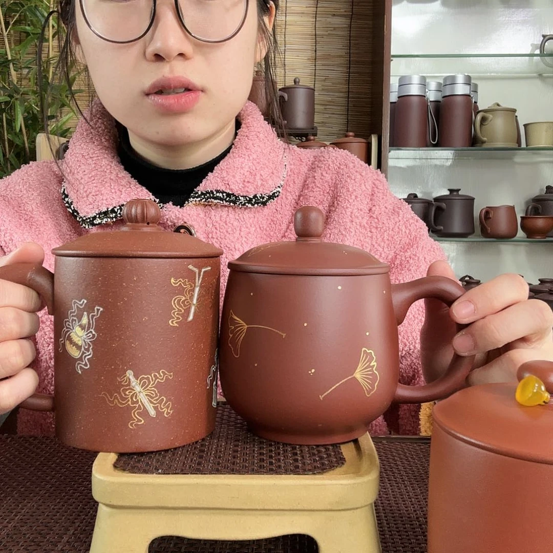 紫砂茶杯龘**朤八宝红降坡节节高办公杯和银杏叶和气共生矿