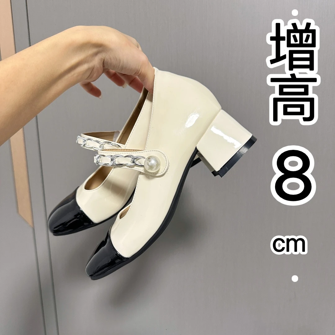 链条粗跟加内增8厘米漆皮拼色一字魔术贴小香玛丽珍浅口单鞋